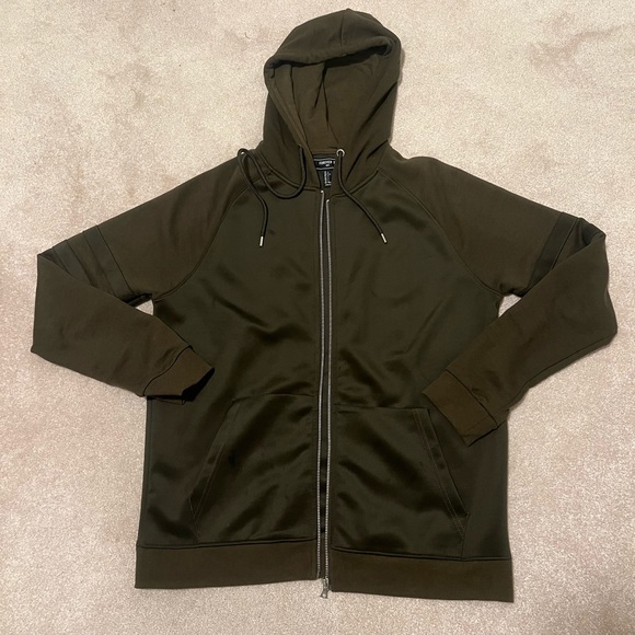 Olive Army Green Nylon Body with Cotton Sleeves Zip Up Hood Jacket - Picture 1 of 1